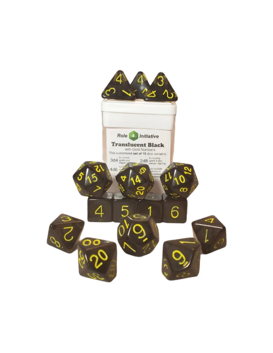 Polyhydral Diceset - 15 Dice: Translucent Black With Yellow Numbers 3 Polyhydral Diceset - 15 Dice: Translucent Black With Yellow Numbers